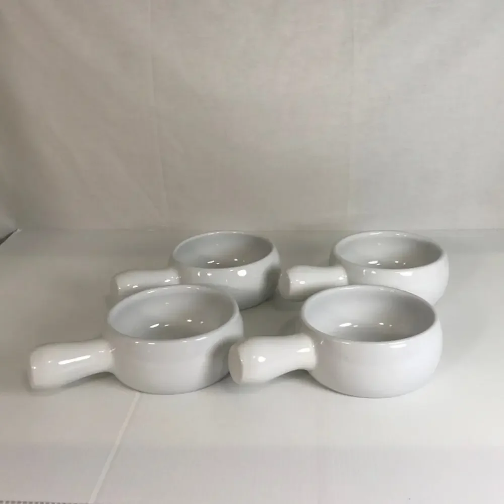 Pier 1 Imports Retro Cottage White Side Handle Ceramic Soup Bowl Set of 4